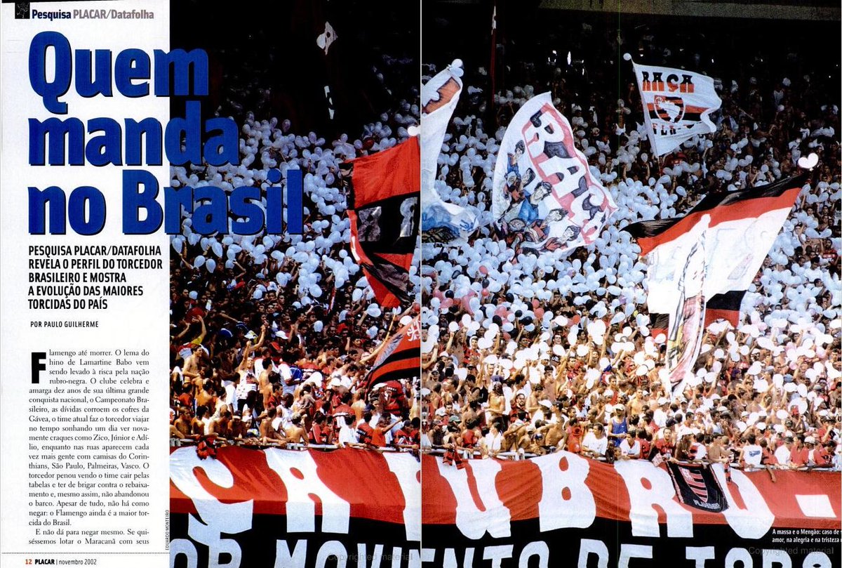 flahistoria's tweet photo. Novembro, 2002 #flahistoria 
[🗞 Revista @placar | no. 1250]

Quem manda no Brasil | Pesquisa Placar/Datafolha revela o peril do torcedor brasileiro e mostra a evolução das maiores torcidas do país

#FlaTorcida https://t.co/hztb1Ztu03