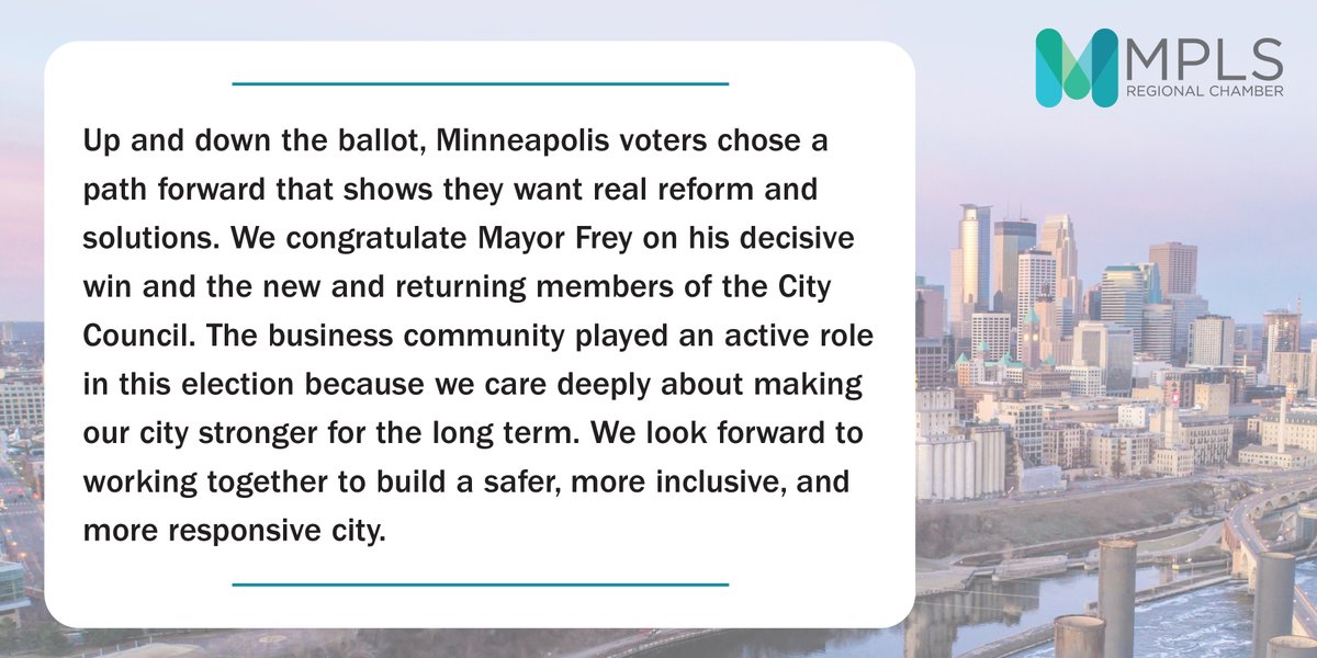 MplsChamber's tweet photo. A statement from @MplsChamber President &amp; CEO @jweinhagen on the Minneapolis 2021 municipal election results. https://t.co/xxncoOZe1O