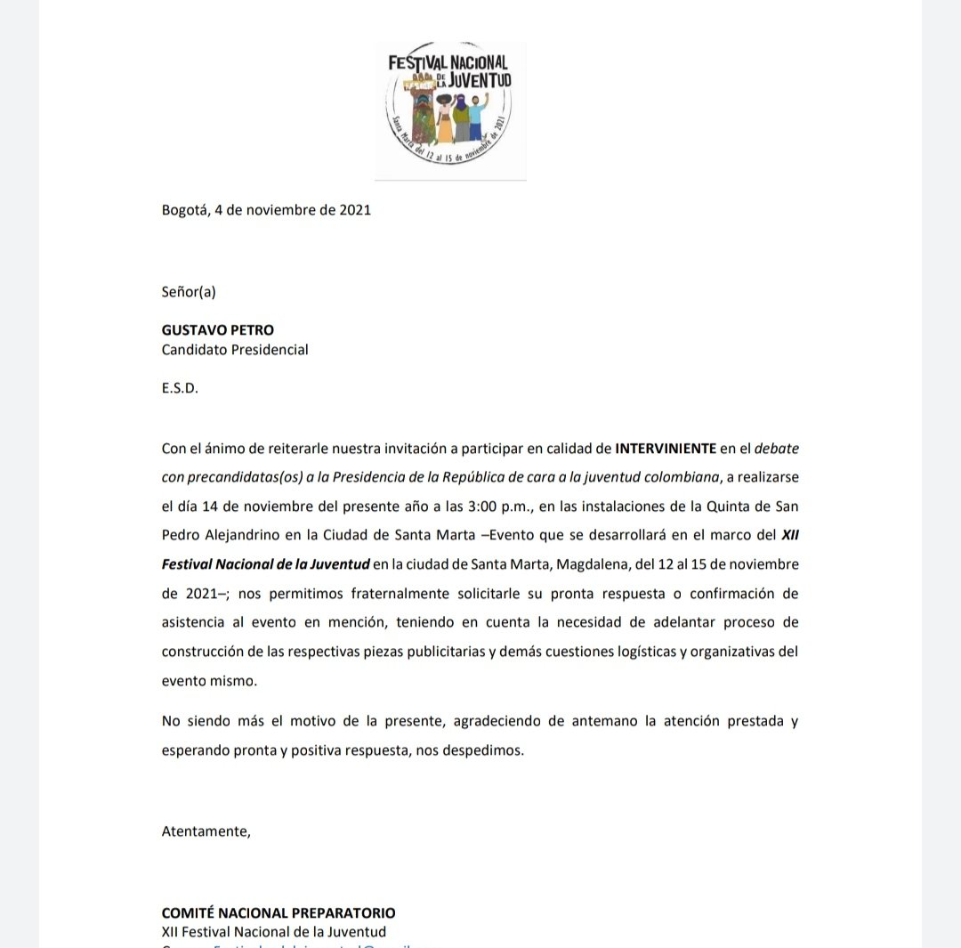 XII_Festival's tweet photo. @petrogustavo Esperamos nos acompañe en el panel de candidatos y candidatas a la presidencia de la República, para debatir la agenda que se tiene de cara a la juventud colombiana. https://t.co/UZnZZIWdtQ