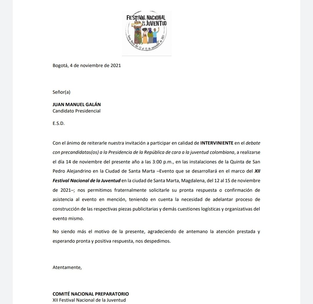 XII_Festival's tweet photo. @juanmanuelgalan Esperamos nos acompañe en el panel de candidatos y candidatas a la presidencia de la República, para debatir la agenda que se tiene de cara a la juventud colombiana. https://t.co/GpZnf7pHCn