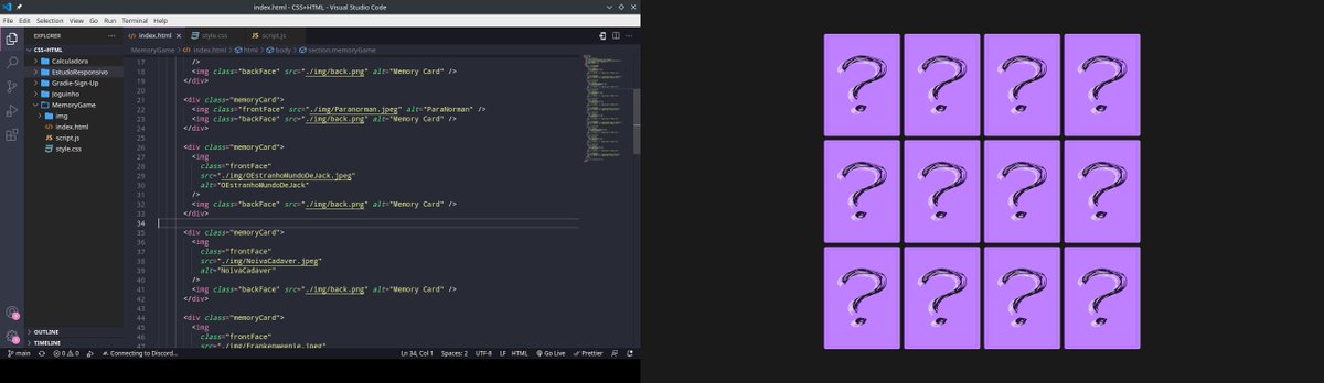 CascavelDoMA's tweet photo. Day 15: I started a simple Memory Game project to train my HTML+CSS+JS
#100DaysOfCode #100DiasDeCodigo #100daysofcodechallenge #DEVCommunity
#React #girldeveloper https://t.co/9xXr1SYl0g
