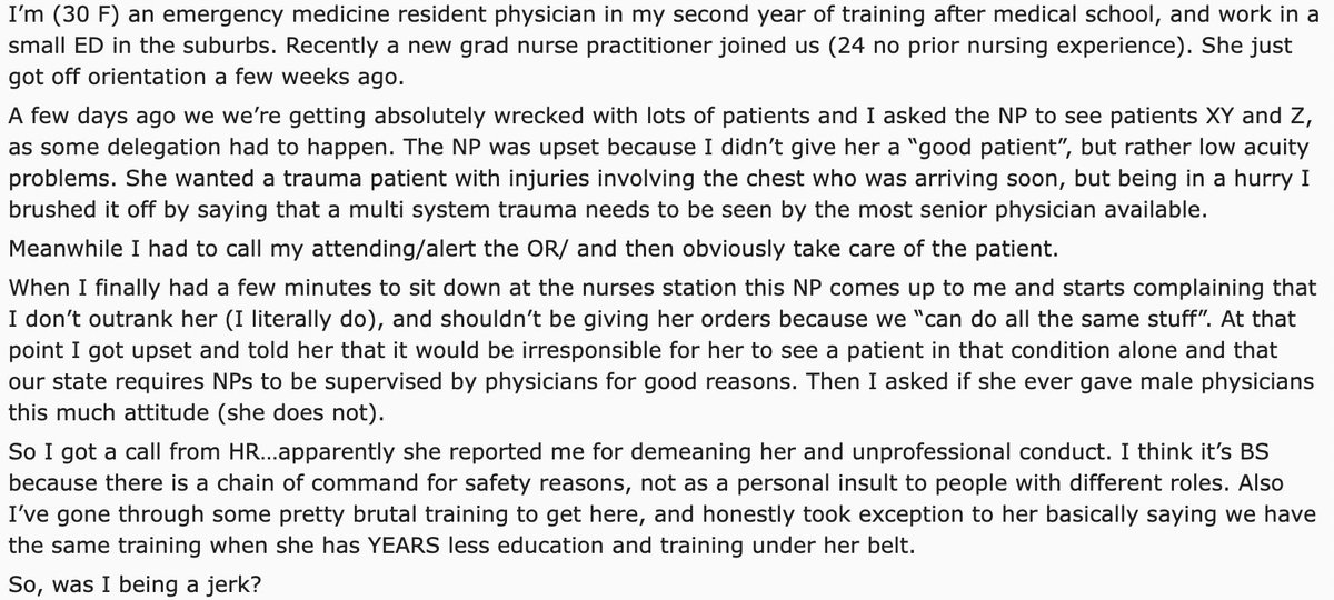 HalstedMD's tweet photo. Brand new NP files complaint with HR after PGY2 EM resident takes multi-system trauma, tells her they "can all do the same stuff"

The future of EM and medicine in general?

https://t.co/WLZaNaX5oz

#MedTwitter
#StopScopeCreep https://t.co/rCaKCU2tWK