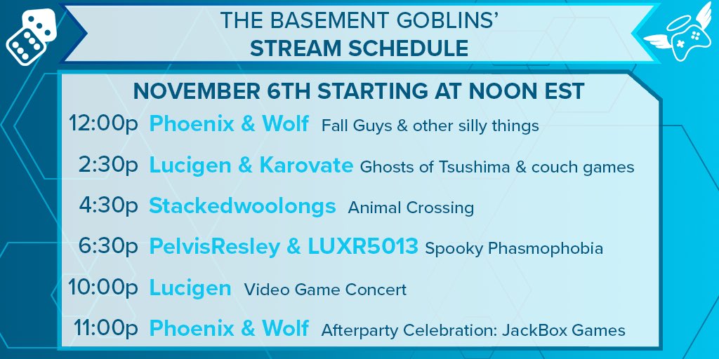 Here is the schedule for the #ExtraLife2021 event on Saturday! We’re starting the chaos at 12p EST! 

Join <a href="/LuCiG3N/">LuCiGEN</a>, <a href="/Karovate/">Tyler McCall</a>, @stackedwoolongs, @PelvisResley_, <a href="/luxr5013/">LUX</a> and us for a day of crazy fun and charity for the kids!