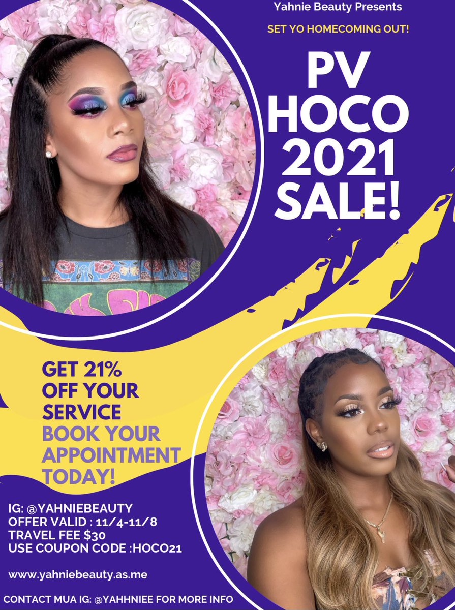 yahhniee's tweet photo. 🗣I SAID SET YO HOMECOMING OUTTT 💜💛I Know Y’all Wanna Get Glammed Up For #PVHOCO21 😍 I’m giving ALL clients  YEAH I SAID IT !! 😏 ALL CLIENTS 21% OFF Your Entire Service With @ yahniebeauty ✨ USE CODE: HOCO21😱 BOOK YOUR APPOINTMENT ASAP💋https://t.co/NF4DAQjXK9 PLEASE SHARE https://t.co/KevEt5f9LF