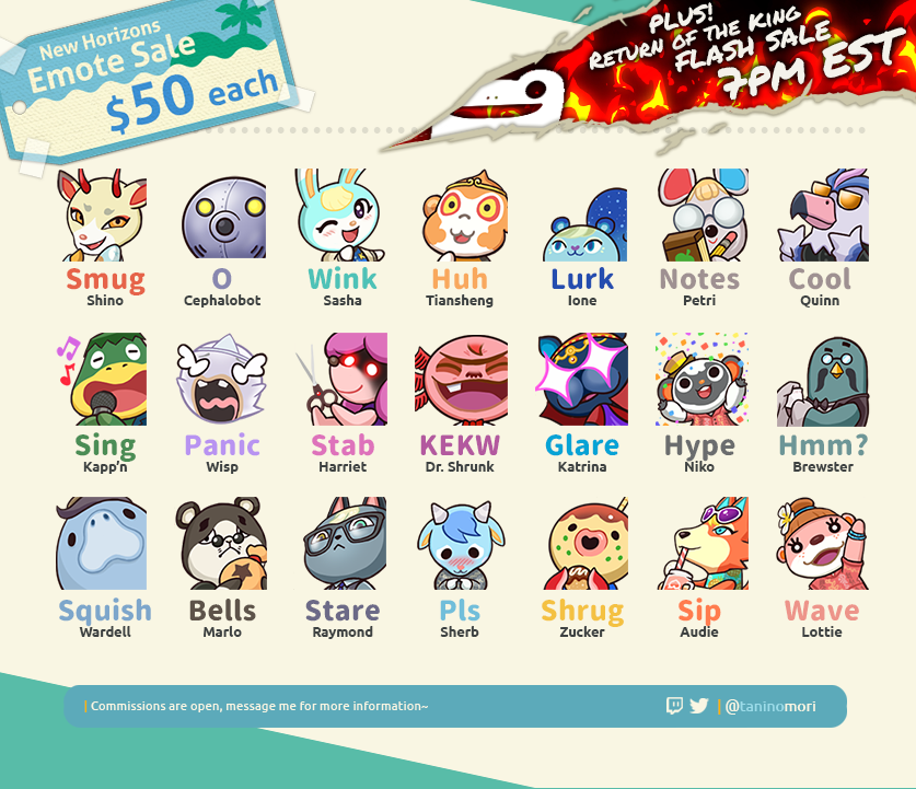 morimotes_'s tweet photo. ! Animal Crossing New Horizons Emote Sale ! If you're interested in purchasing any of these emotes, comment with the one you'd like to purchase. First come first serve as always. Hope everyone is enjoying the new content! TY &amp; GL! <3 #AnimalCrossingNewHorizons  #ACNH #emoteartist https://t.co/tDWPzIllRa