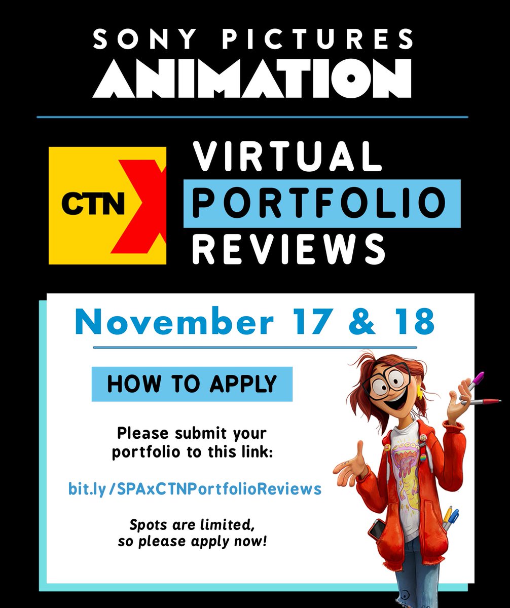 SonyAnimRecruit's tweet photo. Our recruiting team is excited to offer a limited number of portfolio reviews at the #CTNAnimationExpo!
To apply for this opportunity, please submit your portfolio to this link: https://t.co/HzucHGTr2W
Reviews will be November 17th and 18th.
#CTNExpo2021 #CTN https://t.co/kycUVI0Hi0