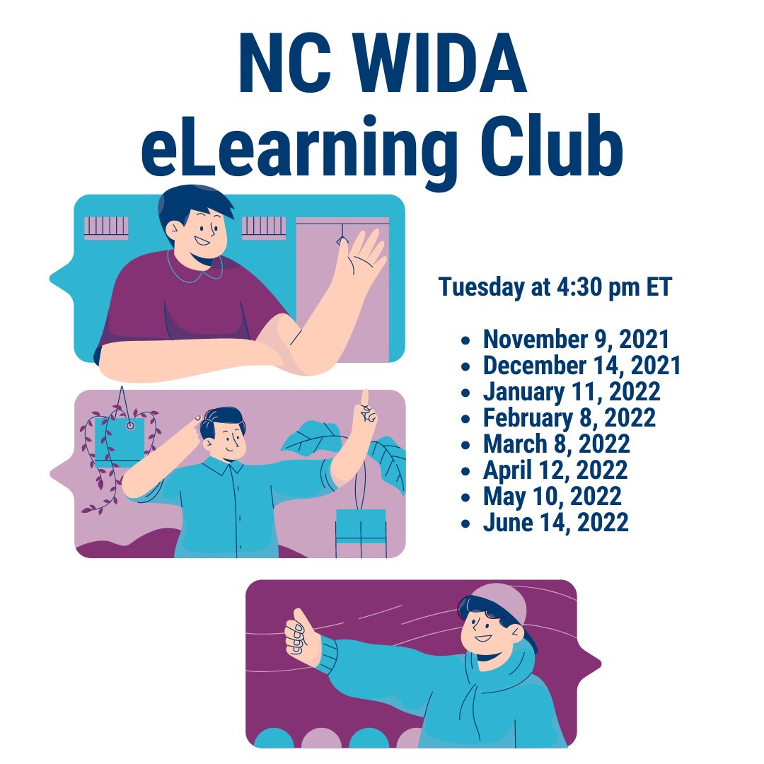 NCDPI_MLs's tweet photo. Join the #NCELs @WIDA_UW eLearning Club kick-off session!! Register at https://t.co/LYDaln89YO We welcome guests from WIDA states with access to the self-paced eWorkshops! #Together4ELs https://t.co/9bLKPXrprl