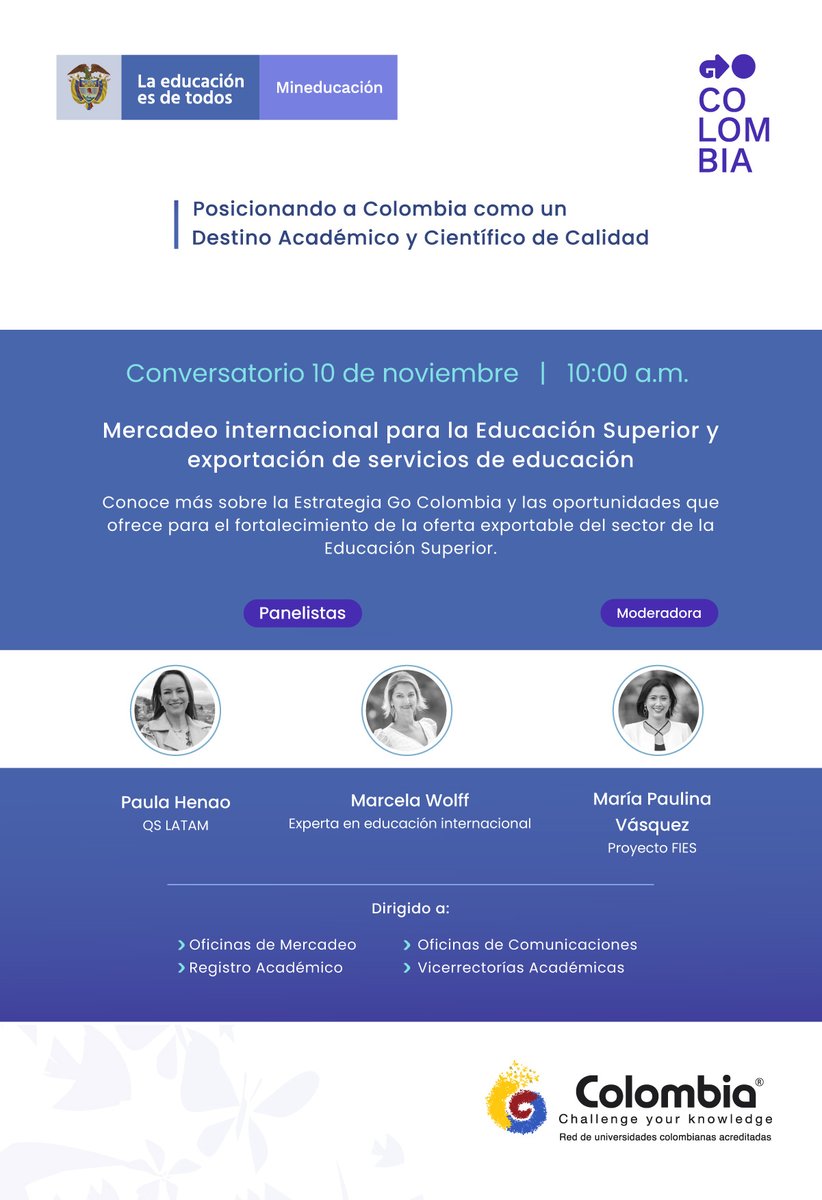 CCYK_COLOMBIA's tweet photo. Conoce de la mano de @QSLatamSpain y @mwolfflo, las oportunidades para fortalecer 💪🏼 las capacidades exportadoras ↗️ del sector de la Educación Superior, en el marco de la #EstrategiaGoColombia.

🗓 10 de noviembre.
🕙 10:00 a.m.
👉🏼 https://t.co/WmTClIf2TX https://t.co/jF5CUQJN4v