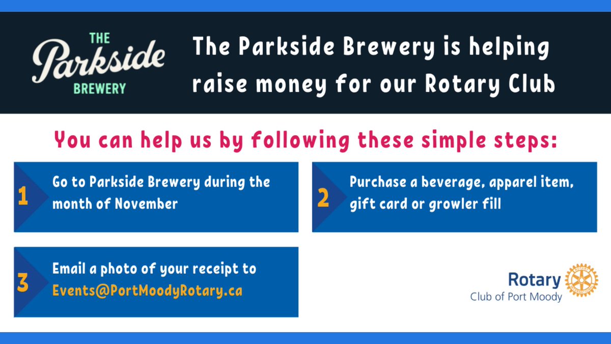 portmoodyrotary's tweet photo. Notice to our #GoForRotary participants & donors. You can donate to Go For Rotary by enjoying a beverage at @ParksideBrewery in beautiful #PortMoody. Just follow the instructions below. Enjoy your beverage after your walk, run, hike or bike. Join us at https://t.co/7ovPXFaZI5 https://t.co/C9tHbFSsZU