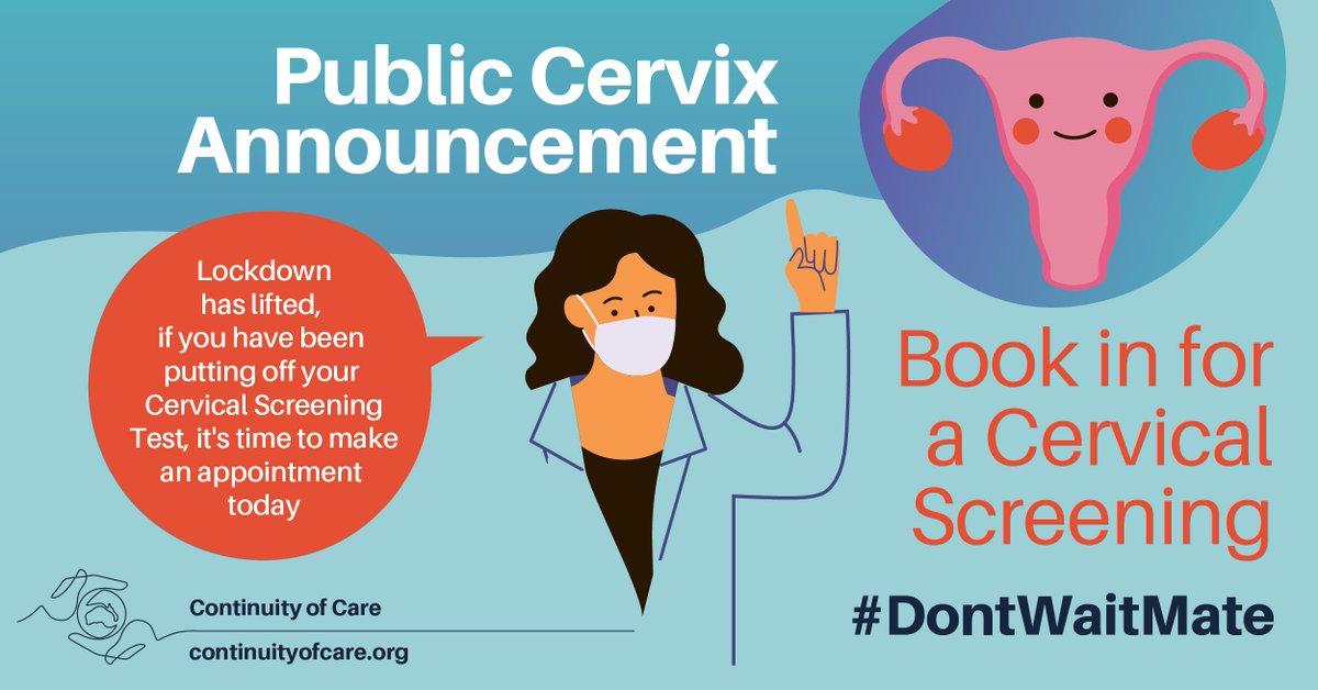 MedicinesAus's tweet photo. Public Cervix Announcement! 

Lockdown has lifted and it’s time for a health check. If you are due for a #cervical screening test, make an appointment today. #DontWaitMate #DontSkipTests https://t.co/dl27XuBXtt