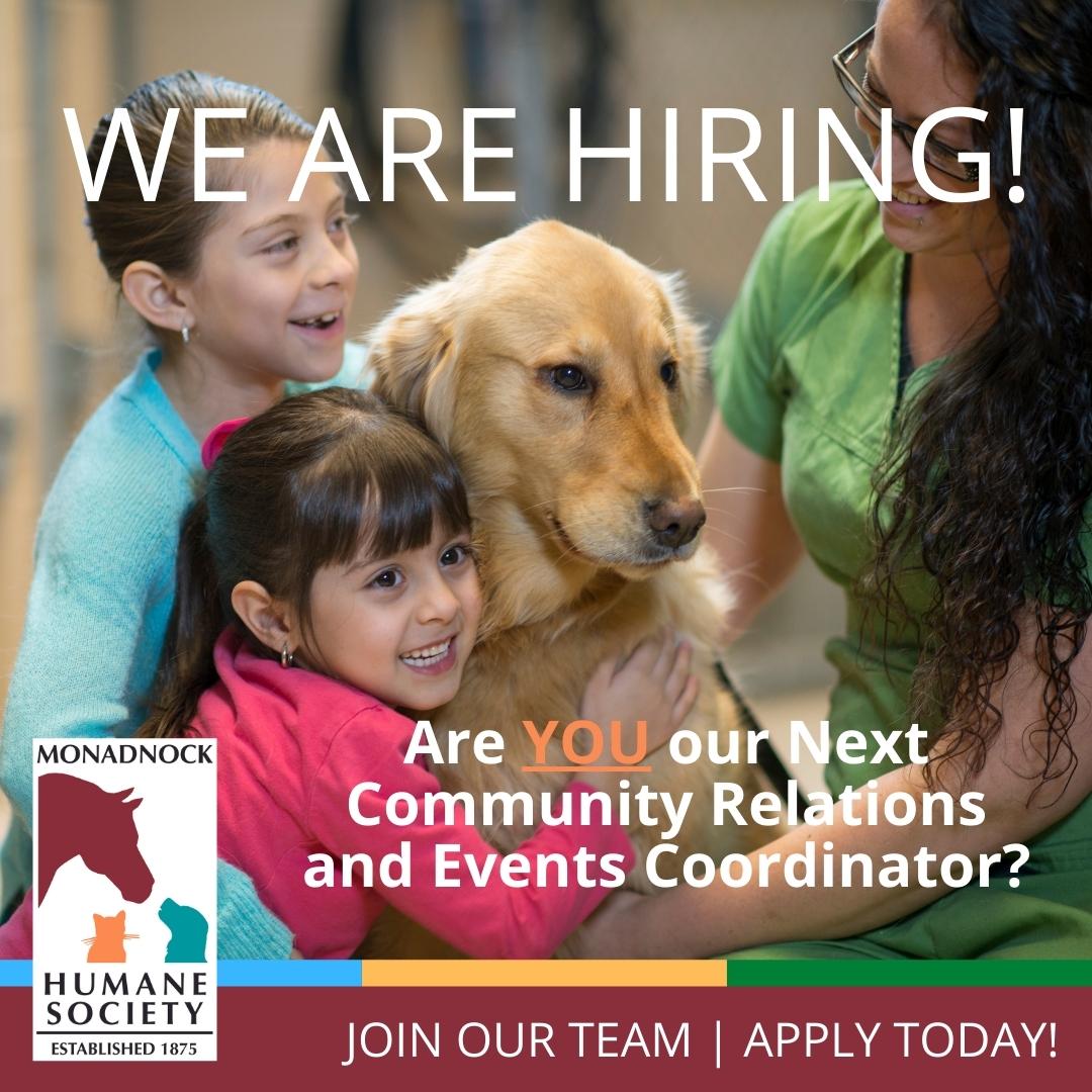 Do you love animals? Are you looking for mission-driven work? We are hiring a new events and community relations, coordinator. This is a part-time position supporting the life-saving work we are doing.  More info at bit.ly/MHSJobs - Apply or share today!