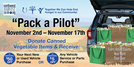 HondaofBellevue's tweet photo. Together We Can Help End Hunger in our Community!
Please help us Pack-a-Pilot with Canned Vegetable Donations now thru November 17th. Visit us today and donate to help a family in need.
Thank you for your generosity!
@NWHarvest #EndHunger #buildingastrongercommunity https://t.co/FxTW5F1gRy