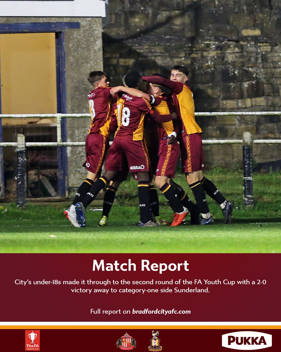 officialbantams's tweet photo. 📝 MATCH REPORT | City’s under-18s made it through to the second round of the @FA Youth Cup with a 2-0 victory away to category-one side @SunderlandAFC. 

➡️ | Read: https://t.co/4CiDlkvjJG

#BCAFC | #TakeMeHome | @PukkaPies | @TLDallasGroup https://t.co/jD8ybprgGV