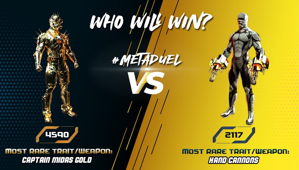 MetaverseArmy's tweet photo. Welcome to #MetaDuel
2 Soldiers square off in the ultimate fight for your hearts!
Vote in discord on which solider you believe should win who is the deadliest or down right coolest
 
Winner will enter Champions Duel &amp; fight for riches fit for a general!
 
https://t.co/oqe4qV7wWR https://t.co/mtuYBXSlrl