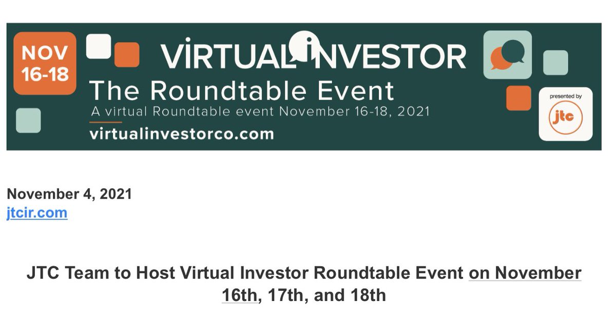 InCausaPro's tweet photo. $NOVN
JTC Team to host Virtual Roundtable Event on November 16th, 17th and 18th.
β> Webcast with Novan on Wednesday, November 17, 2021 at 1:00 PM ET.
#NITRICIL #NitricOxide #BerdazimerSodium #KINSOLUS #Molluscum #MolluscumContagiosum #Acne #AcneVulgaris #COVID19 #Coronavirus https://t.co/HRLmtI0Qyr