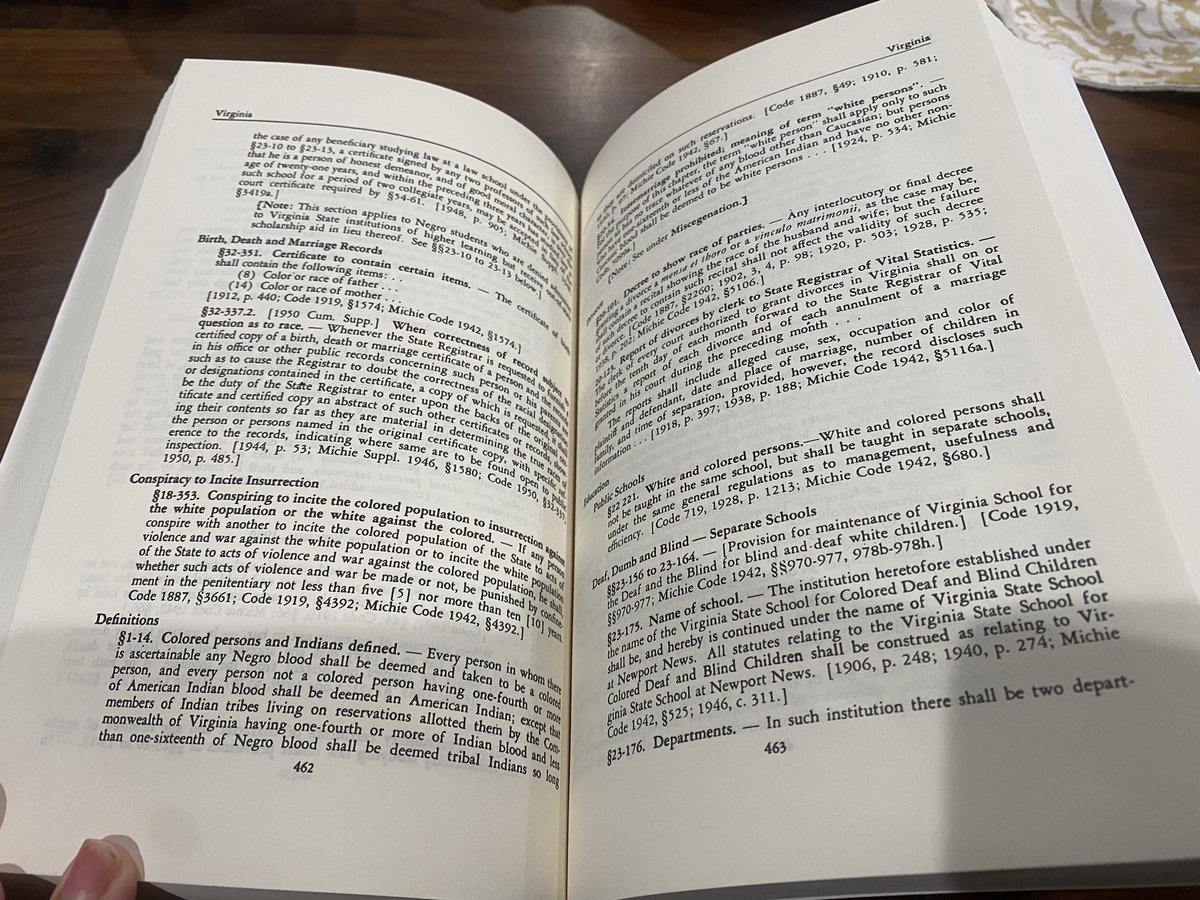 nhannahjones's tweet photo. The section on Virginia alone is 30 pages of laws defining race and what Black and white are allowed to do and not to do in every aspect of life, and this is not COMPREHENSIVE. The people who enforced and lived by these race laws are the grandparents of the kids in US schools. https://t.co/saM0nWOdxE