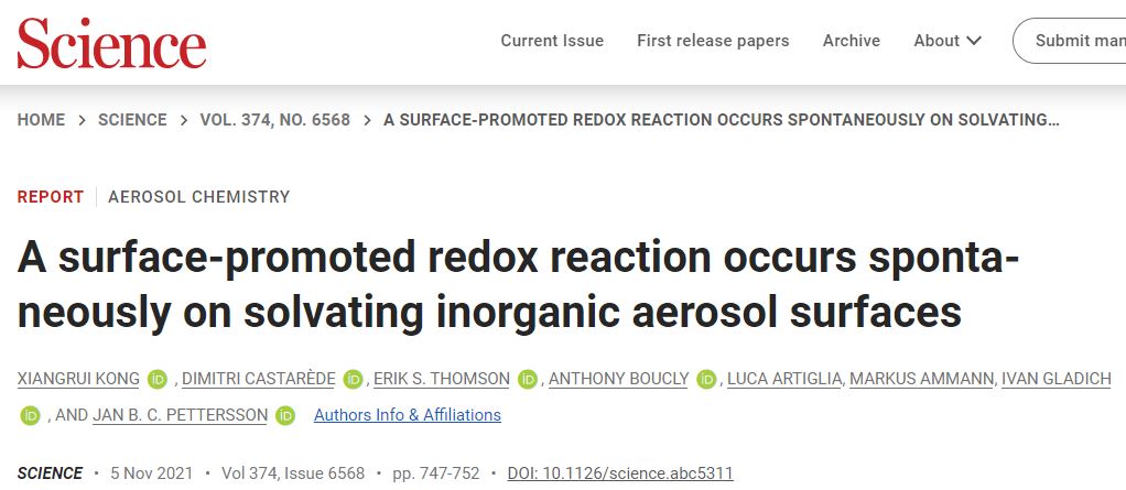 Kongxr's tweet photo. Our new paper in Science. New chemistry on solvating aerosol surface. Check it out:  https://t.co/XoALAAWkMb https://t.co/uQYqiuh0DY