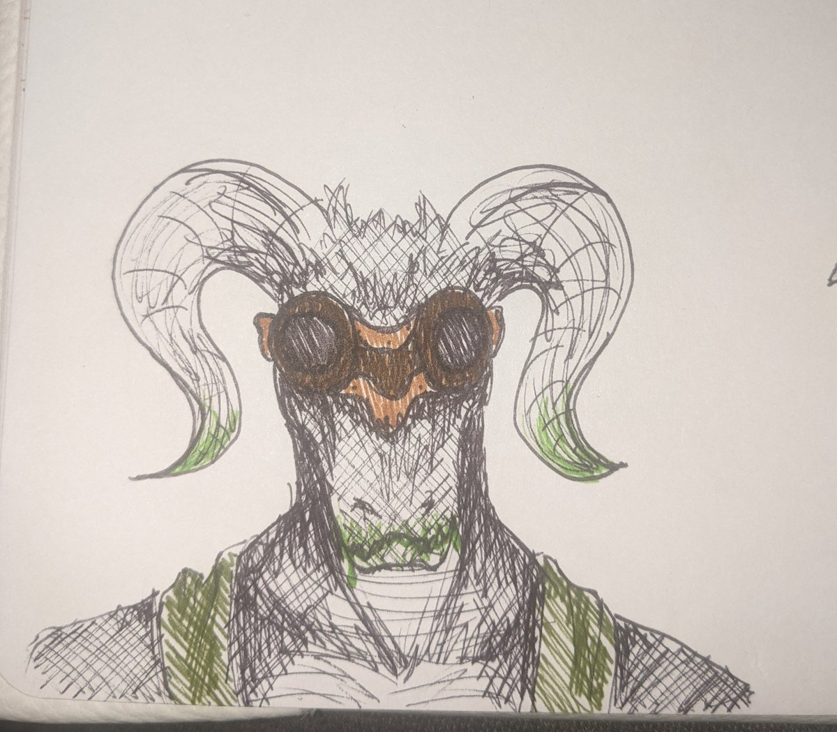 The_Jaded_Daisy's tweet photo. And of course some doodles from last night. Riv'gah eating his iron bar and enjoying his new nightvision goggles, and MeadowLark just being awesome~
I can't draw bears or machines lol o.O
#dragonborn #satyr #fawn #artificer #steeldefender https://t.co/AOVxDLOTc7
