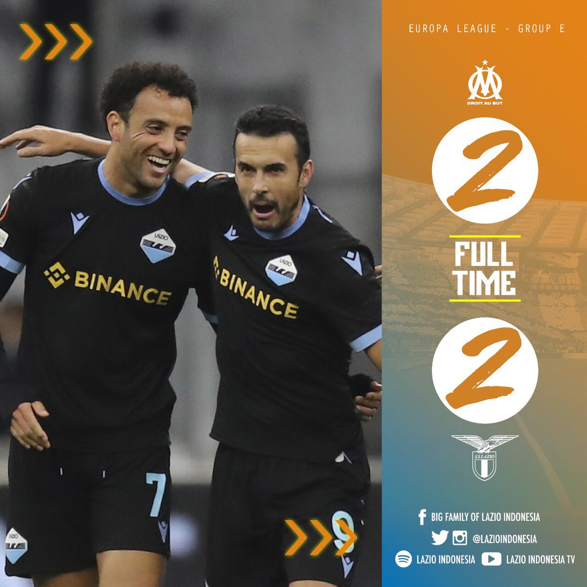 FT : <a href="/OM_Officiel/">Olympique de Marseille</a> 2-2 <a href="/OfficialSSLazio/">S.S.Lazio</a> 
⚽️ <a href="/F_Andersoon/">Felipe Anderson</a> 
⚽️ <a href="/ciroimmobile/">Ciro Immobile</a> 

Sayang sekali kemenangan didepan mata kembali sirna, peluang lolos dari grup E <a href="/EuropaLeague/">UEFA Europa League</a> masih belum aman.

#EuropaLeague
#MarseilleLazio
#LazioIndonesia
#LazialeSamarinda