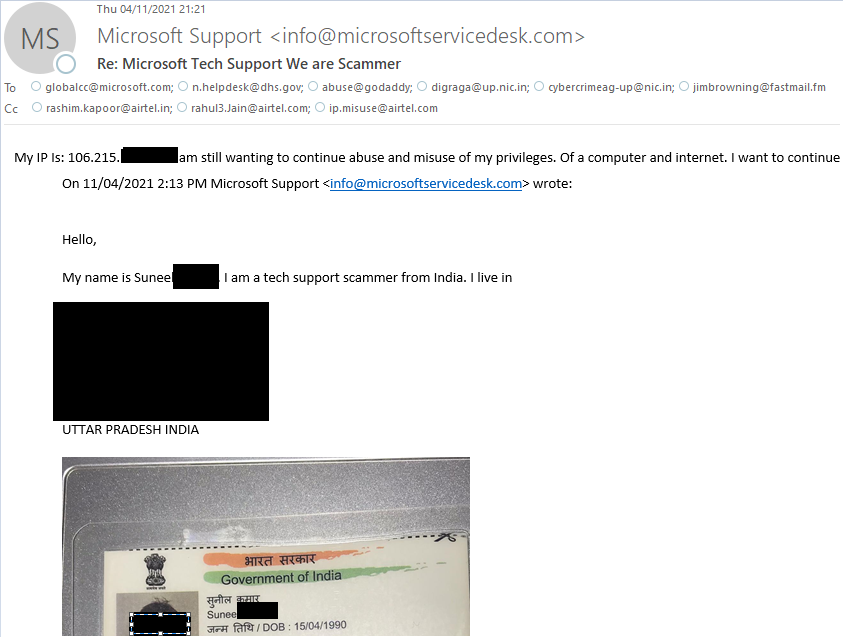 JimBrowning11's tweet photo. I was copied into an email from the domain "https://t.co/c40gIqvEoR". The email contained what is probably the scammer's personal information. I can't verify the information, so it's blacked-out here, but perhaps @Microsoft cyber crime division can :) 
#TechSupportScam https://t.co/BFXQFAldN7