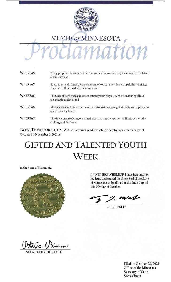 For over 40 years, the MN Governor's Office has recognized the week of MCGT's Annual Conference. 
We are excited that <a href="/GovTimWalz/">Governor Tim Walz</a> has proclaimed the week of Oct 31 - Nov 6, 2021 as Gifted and Talented Youth Week! #mngifted #OneMinnesota