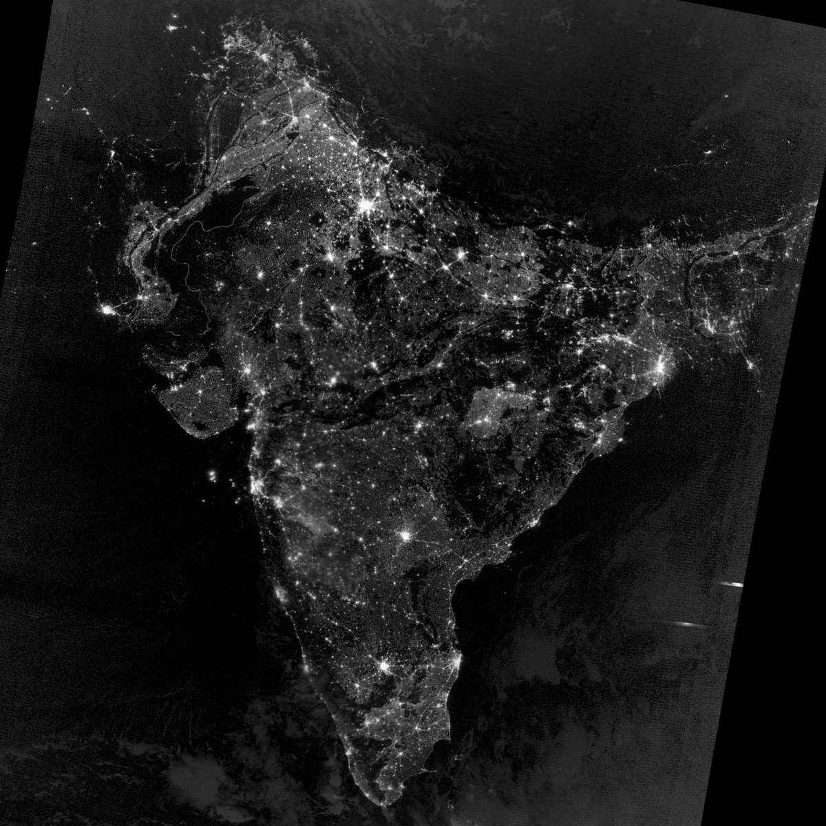 Happy #Diwali! 

This photo was taken by <a href="/NASA/">NASA</a>'s Suomi NPP satellite on Diwali in 2012, capturing an infrared view of South Asia on the evening of the holiday. 

Learn more about how this image was taken: go.nasa.gov/3mLCckZ
