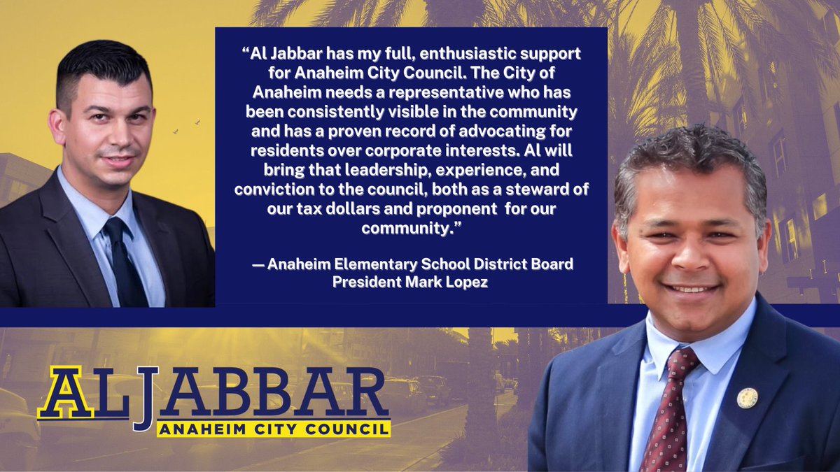 JoinAlJabbar's tweet photo. Grateful for the support of Anaheim Elementary School District President Mark Lopez. I intend to actively engage with our schools and work with our school district leaders to ensure that families have access to the resources they need to stay safe &amp; healthy. #AlforAnaheim https://t.co/oDzxyJUkHZ