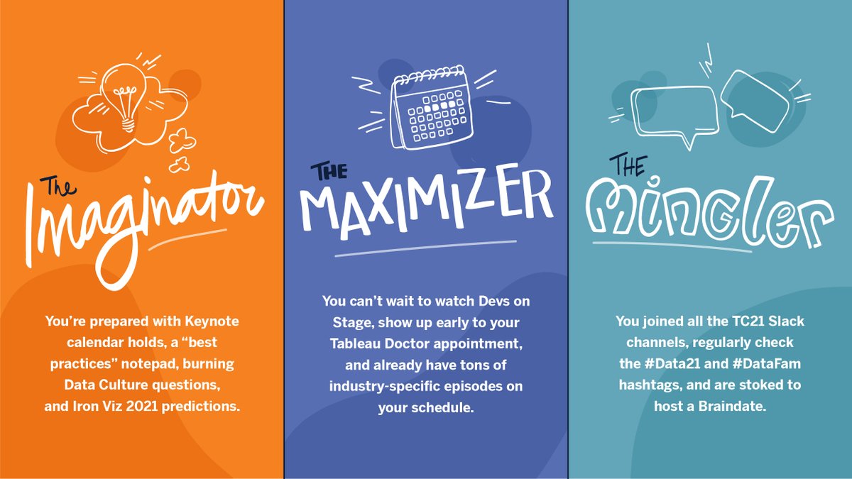 tableau's tweet photo. There are so many different ways to experience Tableau Conference—that's what makes it great! ✨ Which TC personality describes you? #Data21 https://t.co/hrF0VnrAr5