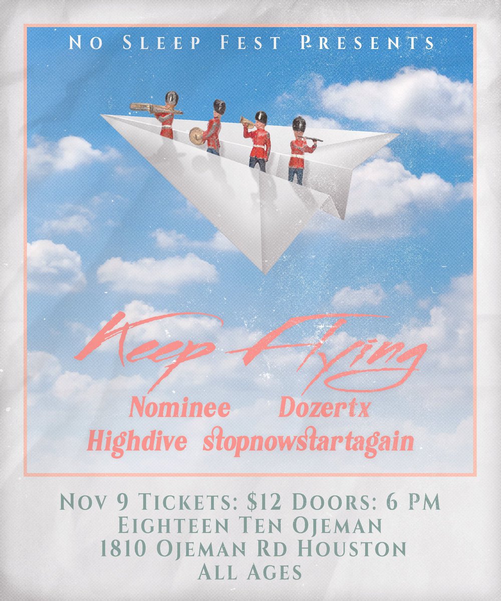 you should like. come to this show and listen to this playlist. 😌🙏🏻

<a href="/NomineeMusic/">Nominee</a> <a href="/KeepFlyingBand/">Keep Flying</a> <a href="/DozerTX_/">Dozer TX</a> <a href="/nosleepfesttx/">No Sleep Fest</a> 

open.spotify.com/playlist/0RY9w…