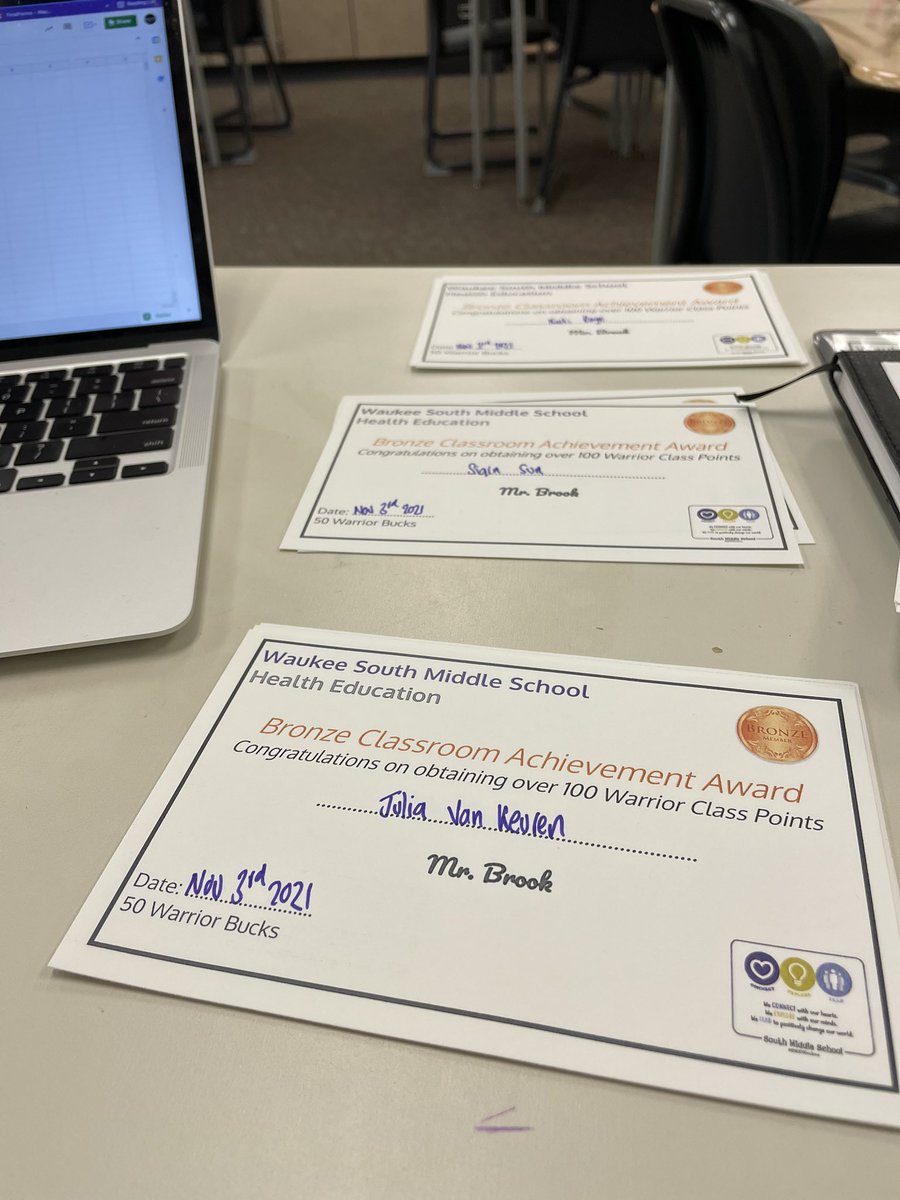WaukeeSMSHealth's tweet photo. Students @WaukeeSMS have been collecting warrior points / bucks for their class work. Student motivation has risen and now it’s time to reward the first round of bronze awards tomorrow @ajh2976 @KelliSturgill23 @djbarry98 #celebrate #connect #BeLove https://t.co/6qMPAGtCUx