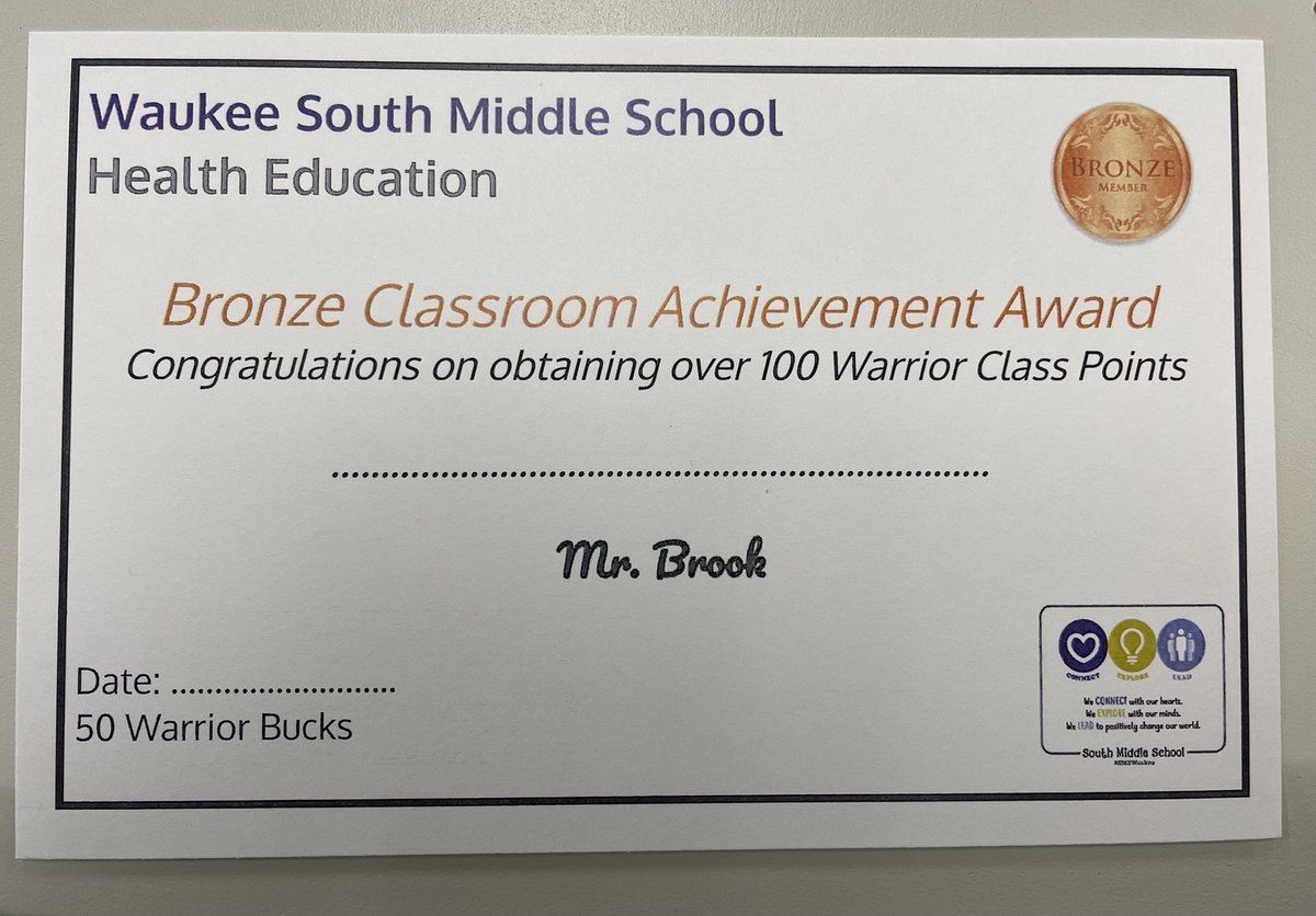 WaukeeSMSHealth's tweet photo. Students @WaukeeSMS have been collecting warrior points / bucks for their class work. Student motivation has risen and now it’s time to reward the first round of bronze awards tomorrow @ajh2976 @KelliSturgill23 @djbarry98 #celebrate #connect #BeLove https://t.co/6qMPAGtCUx