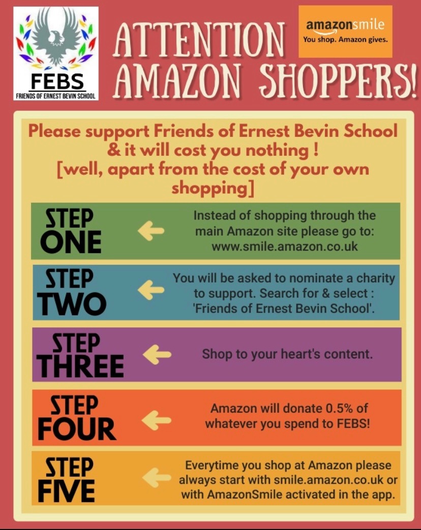 FEBSSW17's tweet photo. 🎉It’s Fundraising time 🎉
🤑 How to easily support FEBS from home 🤑
All your shopping can be linked to Amazon Smile and FEBS will earn while you shop!

Register: https://t.co/cMbI5LxMuq

#Tooting #ernestbevincollege #fundraising @ebcpe @EBC_PerfArts  @ernestbevincoll https://t.co/VIGrZUXuAj