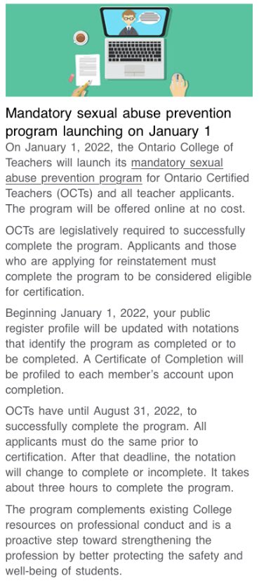 Hey #OntEd educators: look out for this mandatory online training in January. I’m wondering if time will be provided during the instructional day to complete this important training. <a href="/ETFOeducators/">Elementary Educators</a> or <a href="/osstf/">OSSTF Communications</a> or <a href="/OECTAProv/">Catholic Teachers</a> or others may know more.