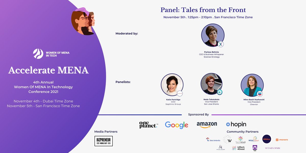 WOMENAinTech's tweet photo. The 4th Annual Women of MENA In Technology Conference 2021!
November 5th (SF Time Zone) Get your ticket today to participate in our #EMPOWERING Panels!
Panel: Tales from the Front
Register: https://t.co/Ar5W0RImYI
#AccelerateMENA #Thursdaythoughts #techevent https://t.co/R33so7TJec