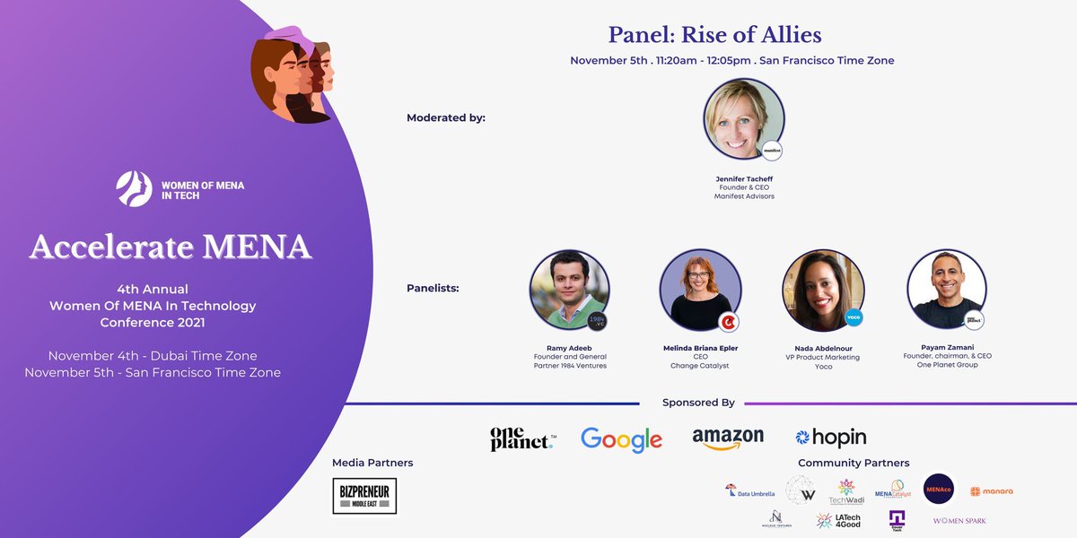 PersianWIT's tweet photo. The 4th Annual Women of MENA In Technology Conference 2021!
November 5th (SF Time Zone) Get your ticket today to participate in our #EMPOWERING Panels!
Panel: Rise of Allies
Register: https://t.co/ErO2uiHTIW
#AccelerateMENA #Thursdaythoughts #techevent https://t.co/d7N8OQwx9b
