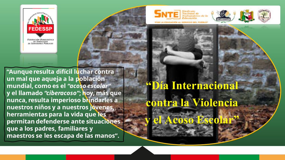 #SabiasQue
#4deNoviembre Día Internacional contra la Violencia y el Acoso Escolar, incluido el Ciberacoso.
Proclamado en 2020 por la <a href="/UNESCO/">UNESCO 🏛️ #Education #Sciences #Culture 🇺🇳</a>
<a href="/agusaviles1/">Agustín Avilés</a> <a href="/marudavalos29/">Maru Dávalos</a> <a href="/SNTSCT/">EDUARDO CARDENAS</a> @SNTSAGARPA <a href="/sntinegi/">SNTINEGI</a> <a href="/sidtpa/">SIDTPA</a>   <a href="/palomitarelowde/">María</a> <a href="/valenzo14/">Otilio Valenzo Romero</a> <a href="/CarlosCruzCas11/">Carlos Cruz Castelán</a> 
#UNETE
#TodosSomosUno