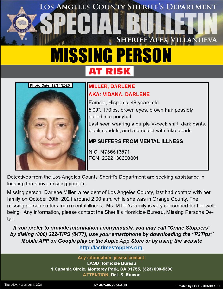 #LASD is Asking for the Public’s Help Locating At Risk Missing Person Darlene Miller AKA: Darlene Vidana, Orange County
facebook.com/LosAngelesCoun…