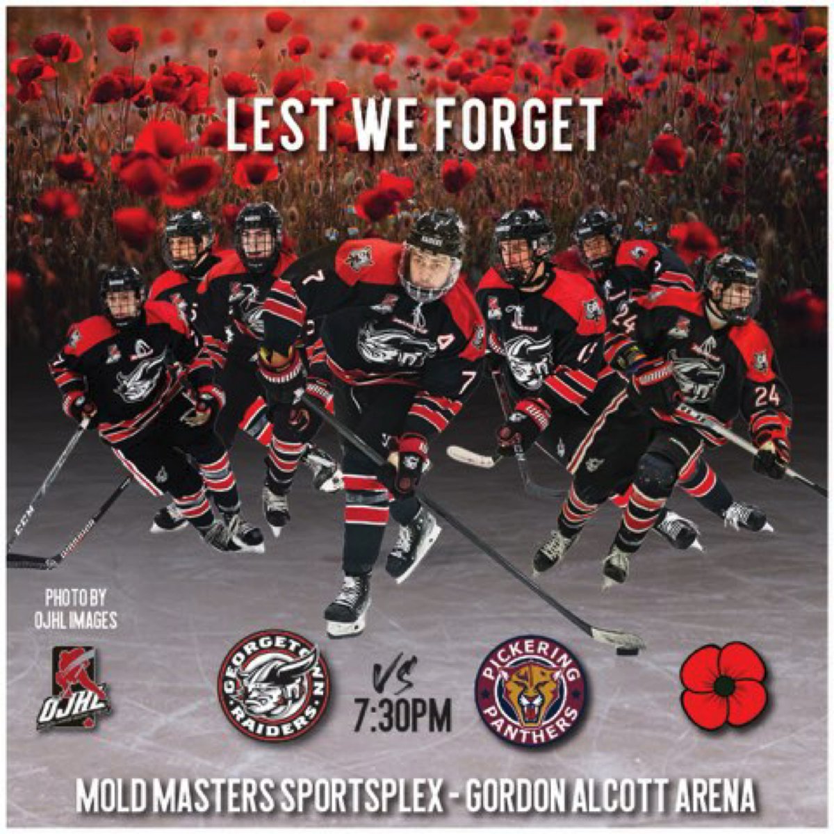🚨🚨Raiders fans …. Pleas join us on Saturday evening (Nov 6th) for our Remembrance Day Game vs <a href="/PanthersOJHL/">Pickering Panthers Hockey Club</a> We will be hosting some special guests for a pre-game ceremony prior to puck drop at 7:30pm @ Mold Master #GTR 🚨🚨