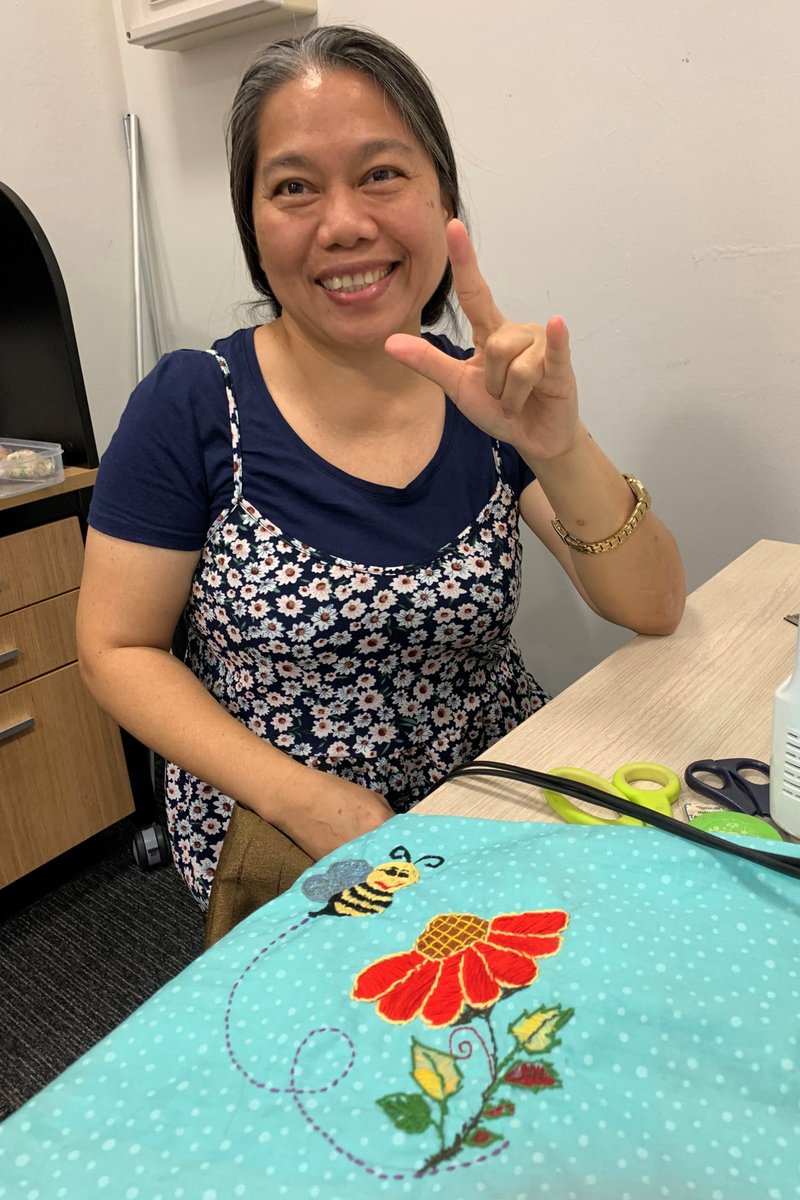 Our lovely sewing ladies at Palmerston (Darwin, NT) are learning embroidery. Pictured is AMEP student, Judy who is working on her embroidery. What an amazing piece of art!