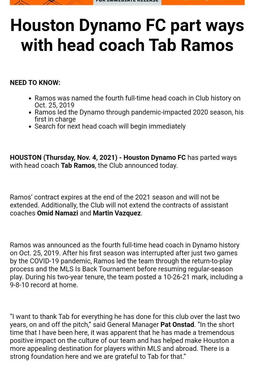 BREAKING: Dynamo part ways with coach Tab Ramos, whose contract was up anyway.