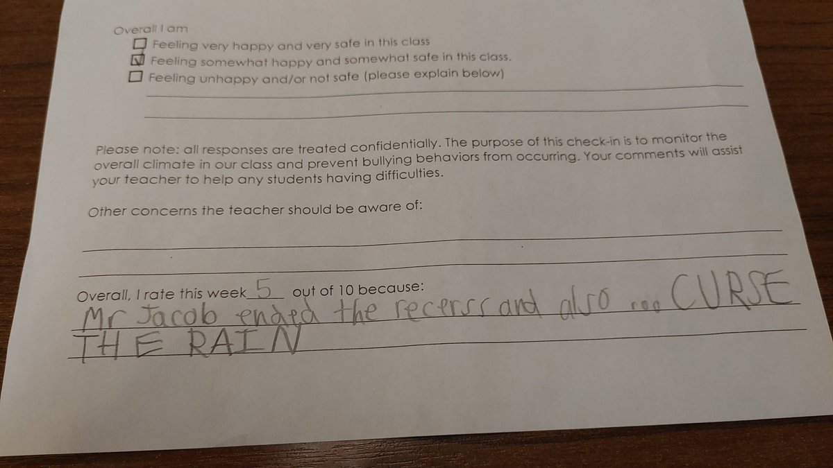 Schultz_MP's tweet photo. My chuckle for the day. A check in from one of my students. @MauriceDJacob #cursetherain https://t.co/bLxHvBjzx7