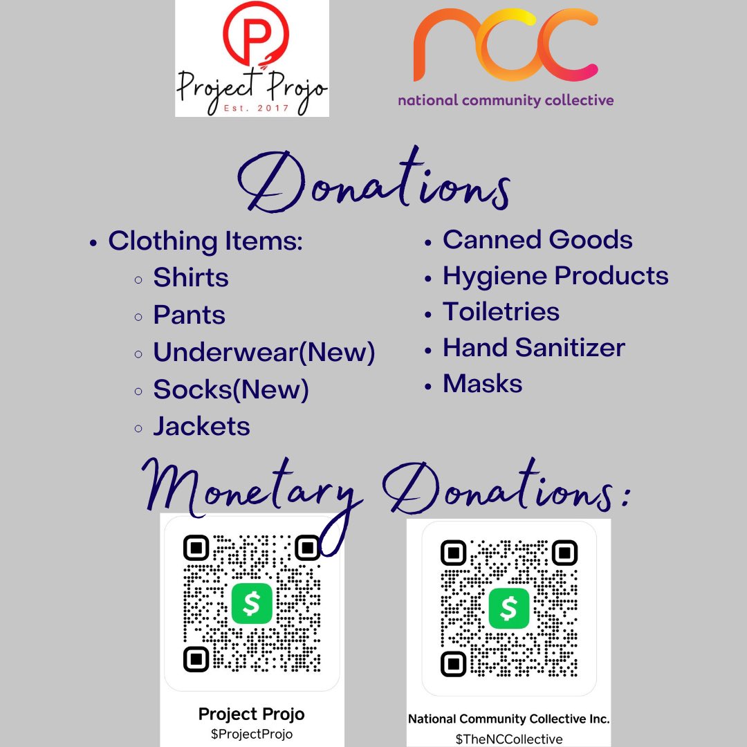 TheNCCollective's tweet photo. We are now accepting donations, and we will be doing pick-ups🤩 

If you have donations that you would like picked up, please email info@goprojectprojo.org and info@thenccollective.org to schedule a pick-up date and time.🤎 https://t.co/WHyCsSxqJ5