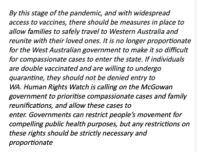 Sophiemcneill's tweet photo. New statement from Human Right Watch on Western Australia’s hard border - If individuals are double vaccinated and are willing to undergo quarantine, they should not be denied entry to WA @hrw https://t.co/WB0xAgKfKp