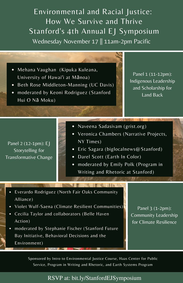 Environmental Justice Working Group at Stanford (@ejwgstanford) on Twitter photo Join us for our 4th Annual EJ Symposium, "Environmental and Racial Justice: How We Survive and Thrive". Wednesday 11/17 from 11am-2pm. Virtual and open to all! RSVP here: docs.google.com/forms/u/2/d/e/… @StanfordEarth <a href="/StanfordWoods/">Stanford Woods Institute</a> <a href="/PWRStanford/">PWR@Stanford</a> <a href="/stanfordjrbp/">Stanford’s Jasper Ridge BP</a> <a href="/StanfordDIG/">Diversity & Inclusion in the Geosciences (DIG)</a> Join us for our 4th Annual EJ Symposium, "Environmental and Racial Justice: How We Survive and Thrive". Wednesday 11/17 from 11am-2pm. Virtual and open to all! RSVP here: docs.google.com/forms/u/2/d/e/… @StanfordEarth <a href="/StanfordWoods/">Stanford Woods Institute</a> <a href="/PWRStanford/">PWR@Stanford</a> <a href="/stanfordjrbp/">Stanford’s Jasper Ridge BP</a> <a href="/StanfordDIG/">Diversity & Inclusion in the Geosciences (DIG)</a>