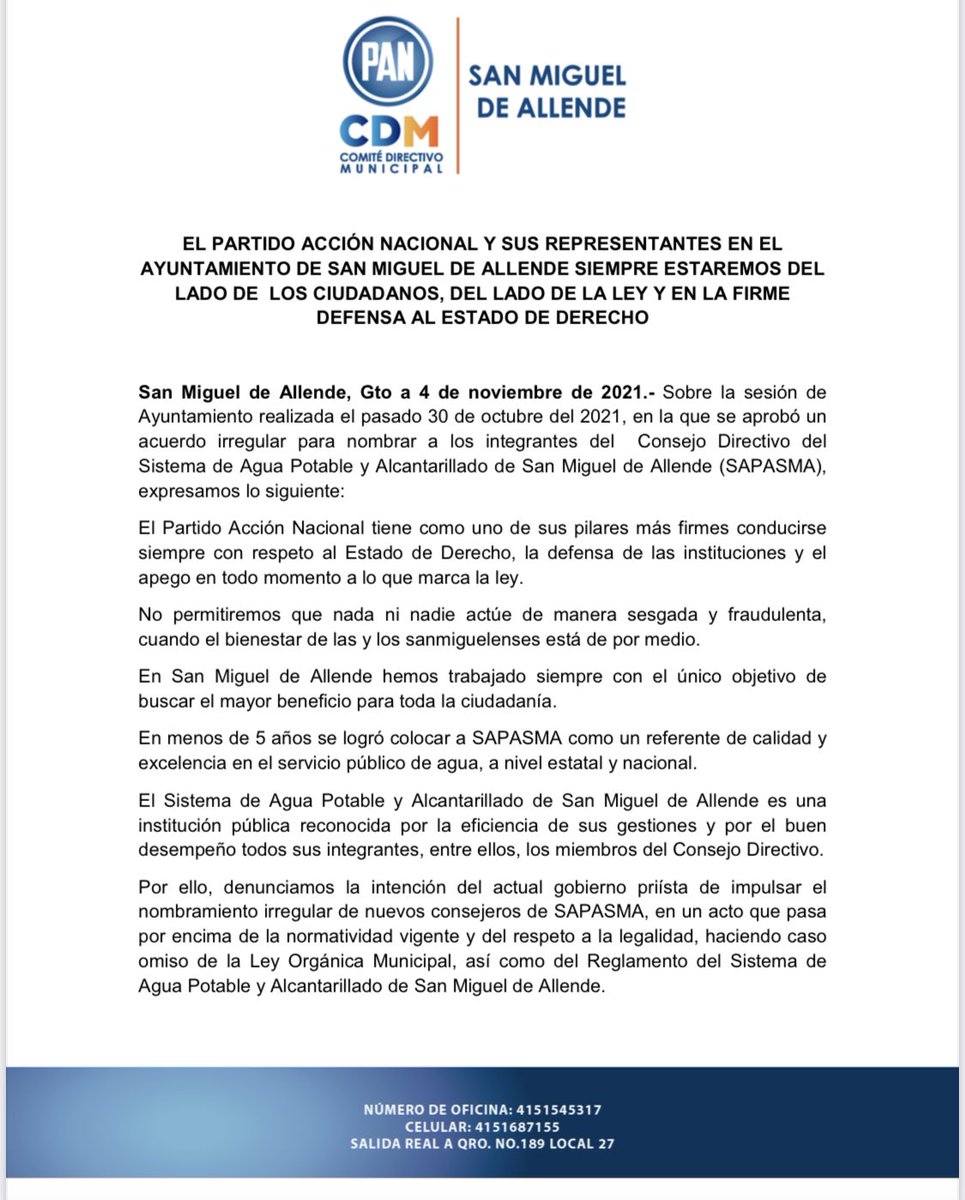 CDMPANSMA's tweet photo. Sobre la sesión de Ayuntamiento realizada el pasado 30 de octubre del 2021, en la que se aprobó un acuerdo irregular para nombrar a los integrantes del Consejo Directivo del Sistema de Agua Potable y Alcantarillado de San Miguel de Allende (SAPASMA), expresamos lo siguiente: https://t.co/ckF1daAo20