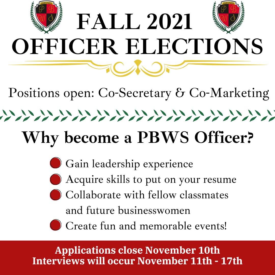 PBWS_UTSA's tweet photo. 🗳Apply to be an officer through the google form in the GroupMe. If you have any questions about the positions, please ask❗️ Applications close November 10th. Interview process opens November 11th and closes November 17th. #pbwsutsa #pbwsutsaelection https://t.co/0MbcCKQvjg