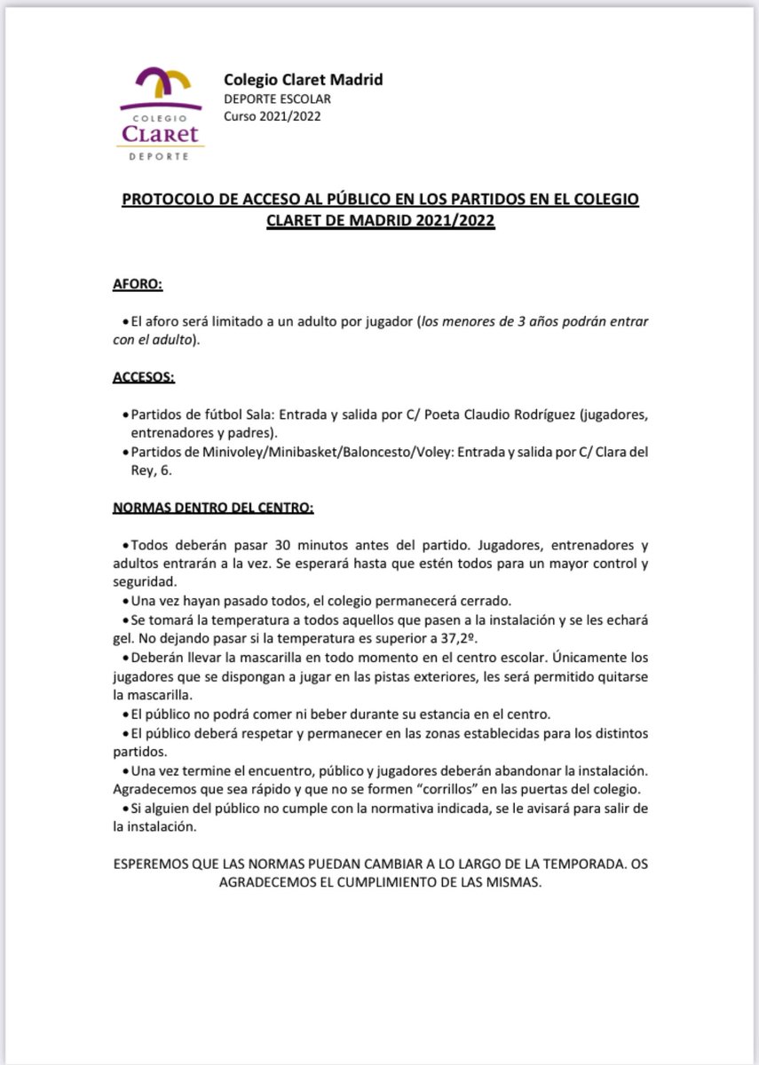 Es importante que conozcáis el protocolo de acceso a los partidos del <a href="/colegio_claret/">Colegio Claret de Madrid</a> para la liga de <a href="/DeportesECM/">DeportesECM</a> . Un día menos!💪