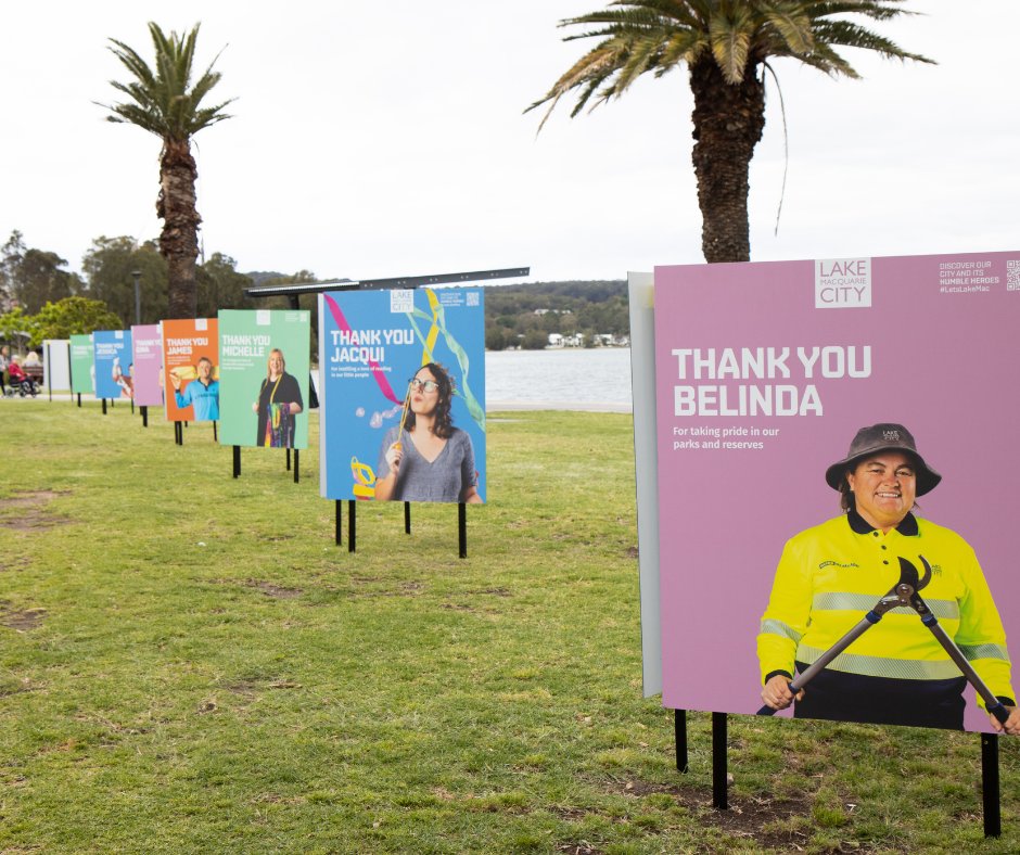 lakemac's tweet photo. It's the final weekend to check out the Humble Heroes display at Warners Bay Esplanade. The uplifting campaign celebrates locals who are making a positive difference in our community and shares their stories. https://t.co/1mKLNx2i7m #humbleheroes #letslakemac @GoodThanksMedia https://t.co/MUXMnfXP5c