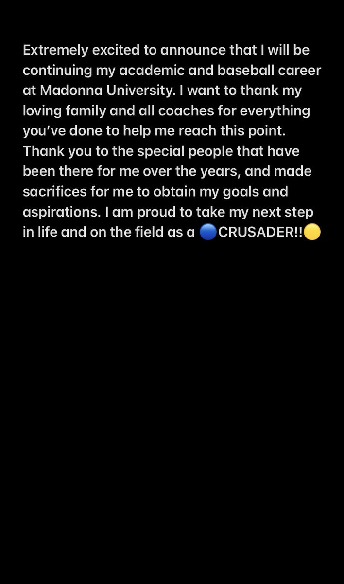 derek_ruiz4's tweet photo. Extremely excited to announce that I will be continuing my academic and baseball career at Madonna University. 🔵🟡 Thank you to the @MUCrusadersBSB coaching staff for this opportunity! @JKarn41 @T_Gelly #CrusaderNation #DonnaBoys https://t.co/u54qjsHR9V