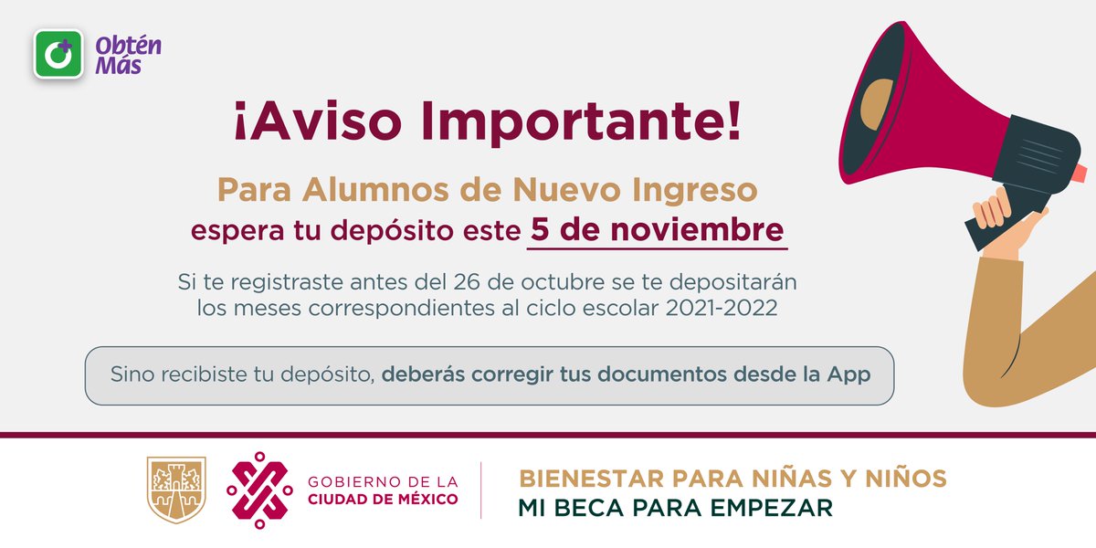 Obten_Mas's tweet photo. ¡ALUMNOS DE NUEVO INGRESO!
Espera tu depósito este 5 de noviembre
Si el Alumno NO fue validado, vuelve a cargar tu comprobante de Inscripción desde tu App Obtén Más, NO es necesario que acudas al Fideicomiso Educación Garantizada a realizar el trámite https://t.co/6afgnXUJbS